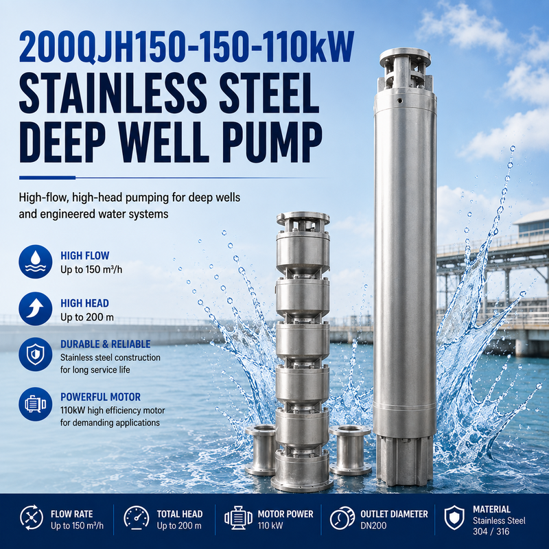 مضخة آبار عميقة من الفولاذ المقاوم للصدأ 200QJH150-150-110kW، ضخ عالي التدفق وعالي الرفع للآبار العميقة وأنظمة المياه الهندسية